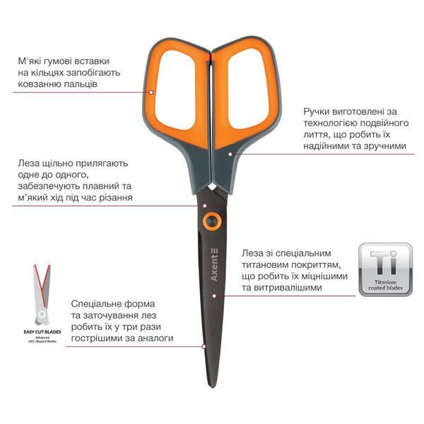 Ножиці Axent Titanium 6306-06-A, 19 см, з прогумованими ручками, сіро-помаранчеві 6306-06-A фото