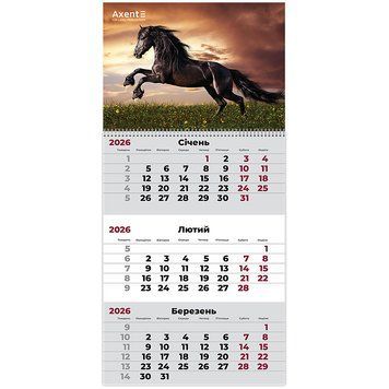Календар настінний квартальний 2026 Axent Horses 1 8801-26-14-A, 1 пружина 8801-26-14-A фото