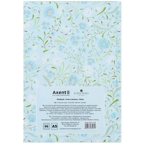 Книга записна Axent Turnowsky Floral 2 8457-11-A-TR, А5, 96 аркушів, клітинка, тверда обкладинка 8457-11-A-TR фото