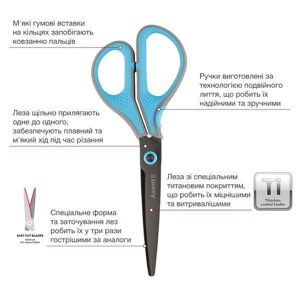 Ножиці Axent Titanium Lite 6406-05-A, 19 см, з прогумованими ручками, сіро-блакитні 6406-05-A фото