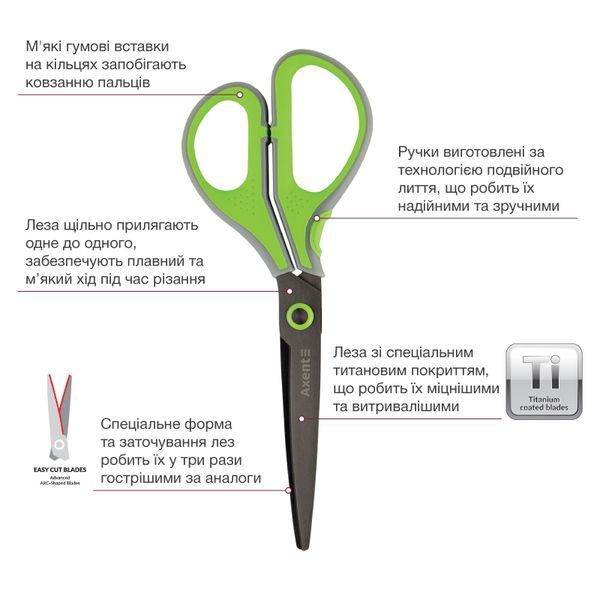 Ножиці Axent Titanium Lite 6406-09-A, 19 см, з прогумованими ручками, сіро-салатові 6406-09-A фото